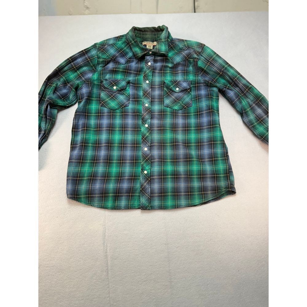 Route 66 Western Pearl Snap Shirt Mens XL Green Plaid Fair Distressed‎ Flannel